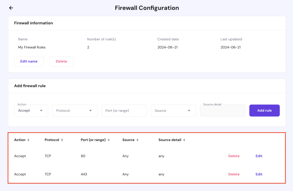 Custom firewall rules on hPanel