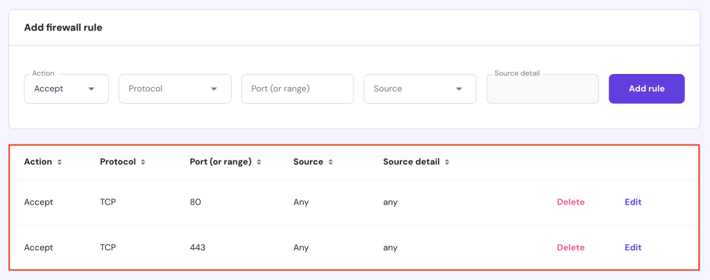 Custom firewall rules on VPS' Firewall of hPanel