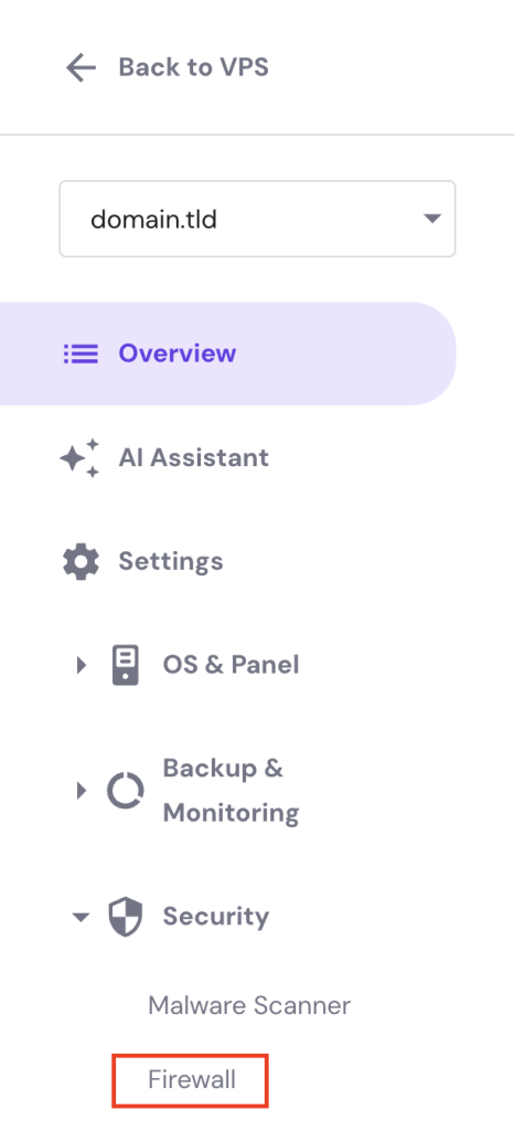 The Firewall menu on hPanel's VPS