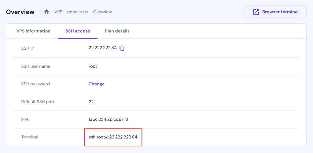 The SSH credentials on hPanel's VPS