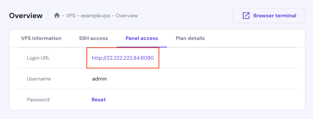 Game Panel's login URL on hPanel's VPS dashboard