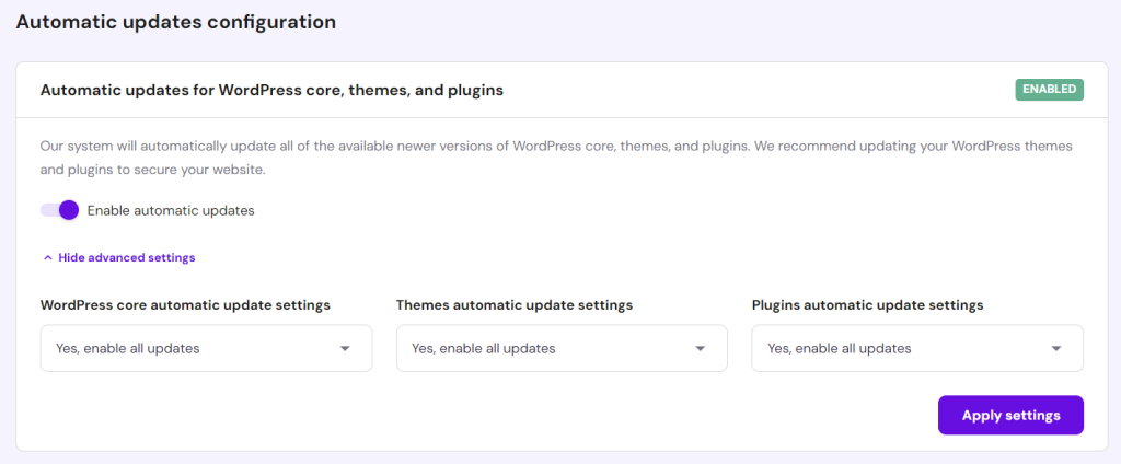 The advanced settings of the WordPress Enhanced Automatic Updates feature in Hostinger's hPanel