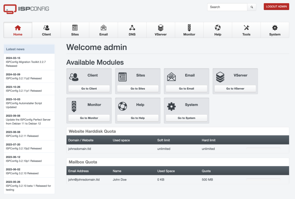 ISPConfig's dashboard