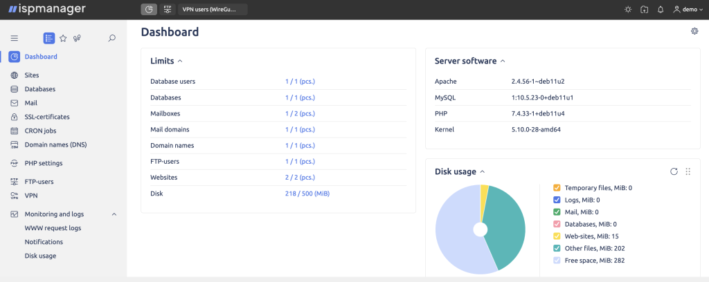 ISPManager's dashboard