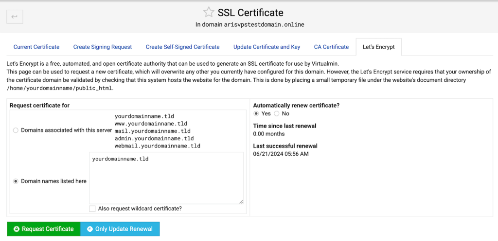 Let's Encrypt SSL configuration menu in Webmin