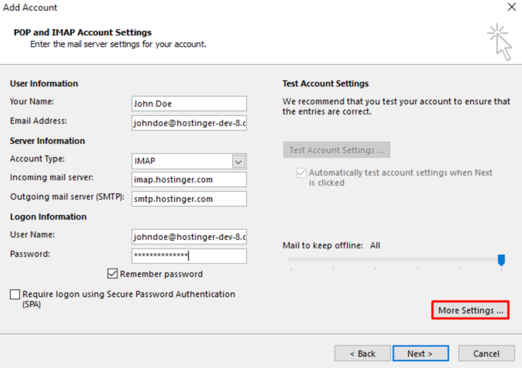 Outlook 2016 POP and IMAP account settings
