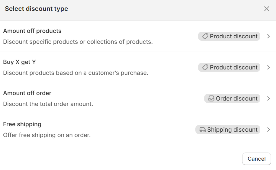 Discount types supported by Shopify