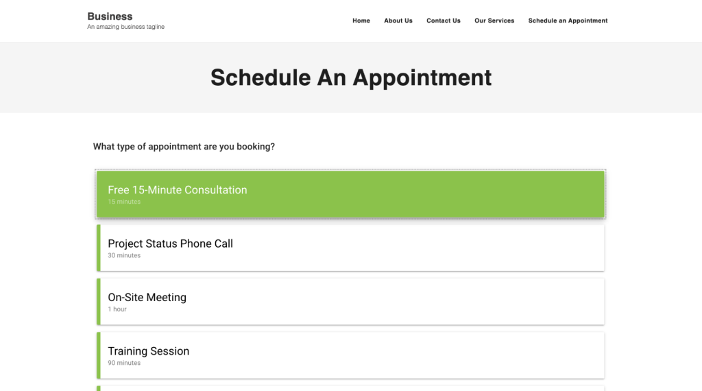 Example of an appointment booking page using the Simply Schedule Appointments plugin
