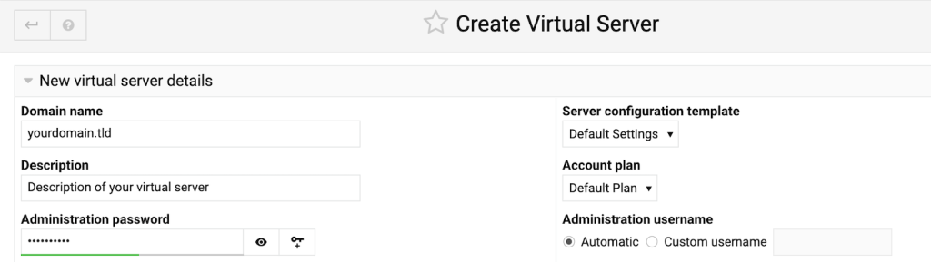 The virtual server creation menu in Webmin