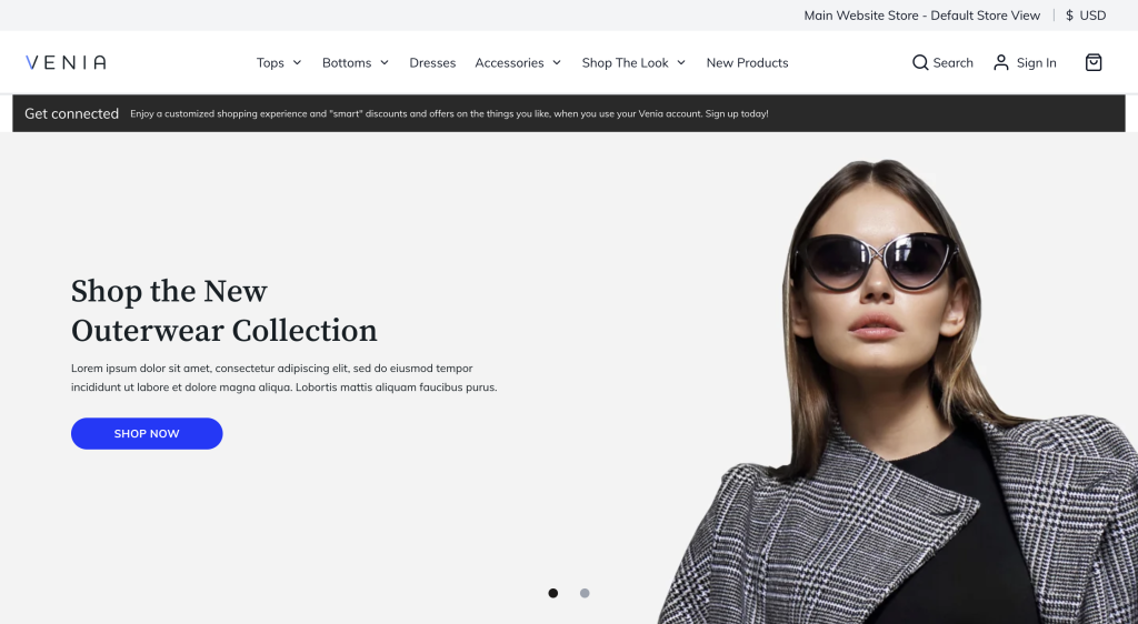 Venia storefront's homepage