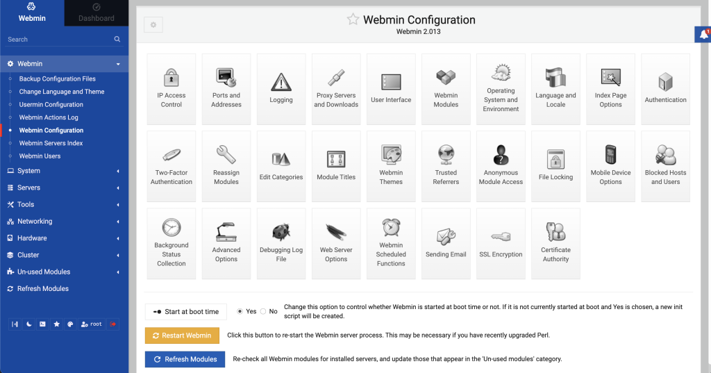 Webmin's dashboard