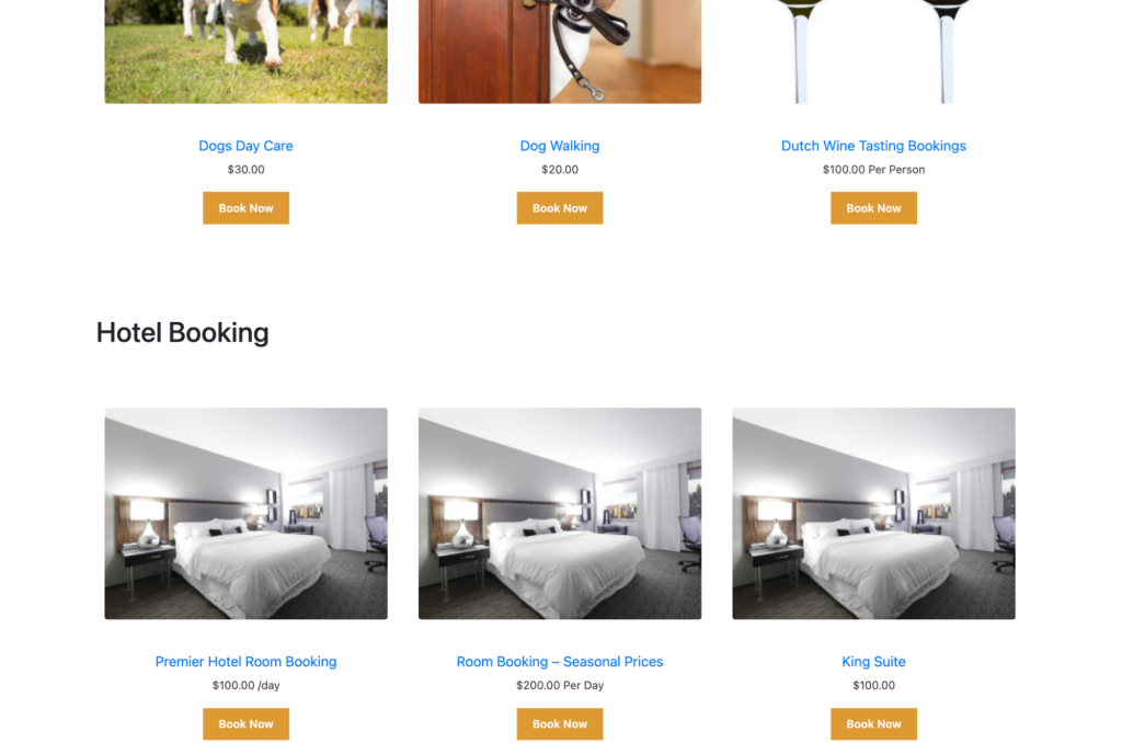 Example of a services booking page made using the WooCommerce Bookings And Appointments plugin