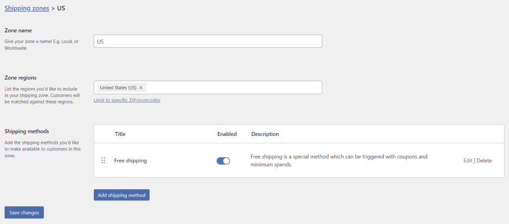 Creating a new shipping zone in WooCommerce