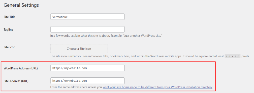 WordPress General Settings, highlighting the URL fields