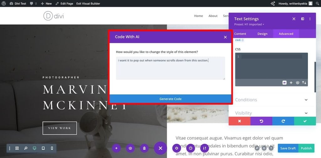 Divi Code AI writing code based on text instructions