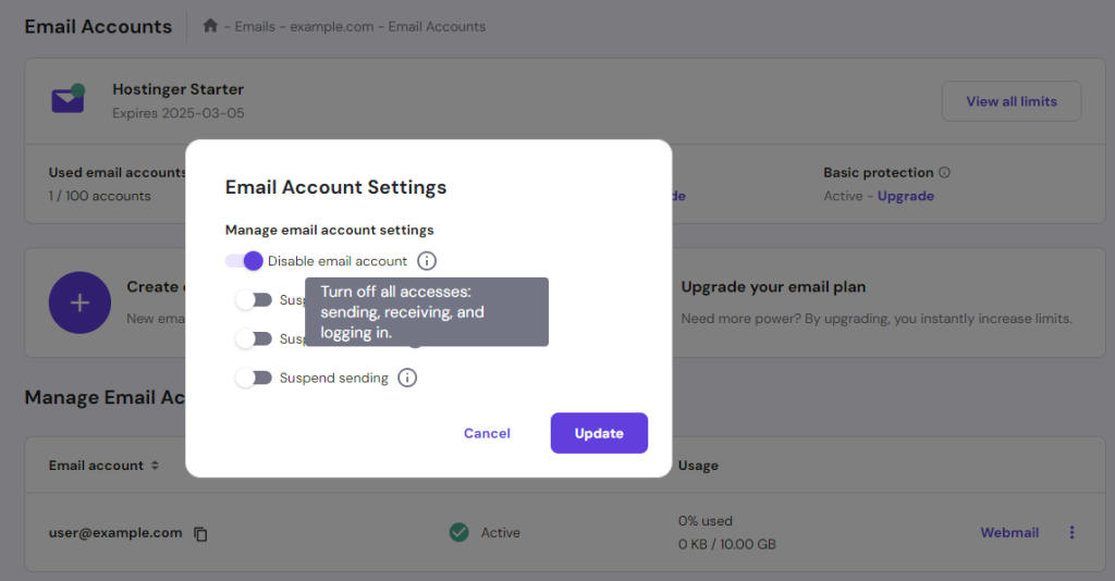 The option to disable email account in hPanel