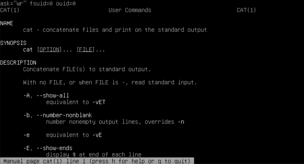 User manual for the cat command