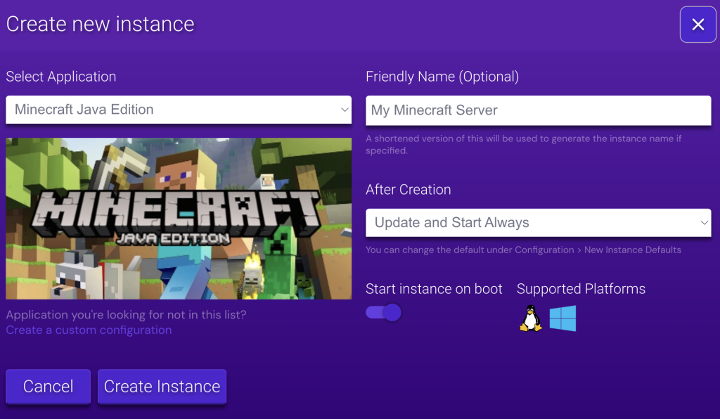 The Minecraft Java Edition instance on Game Panel