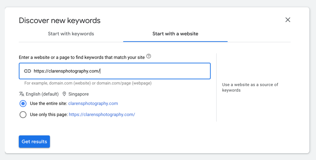 Google Keyword Planner discover new keywords with a website option