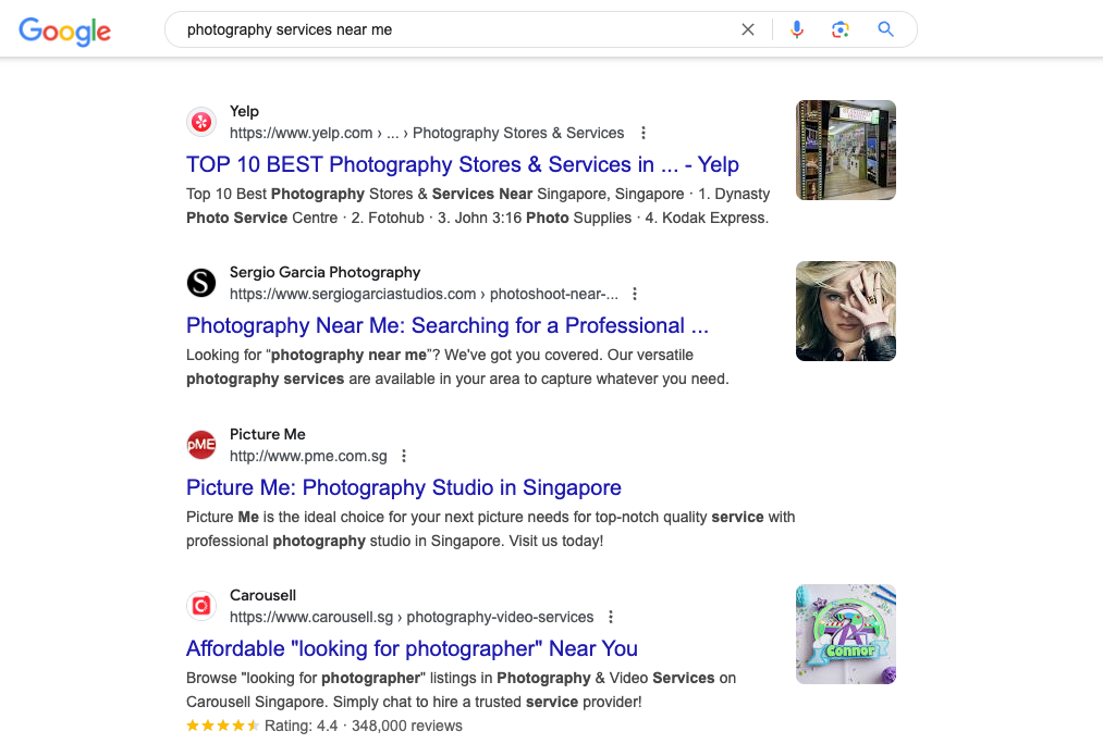 Google search results for photography services near me