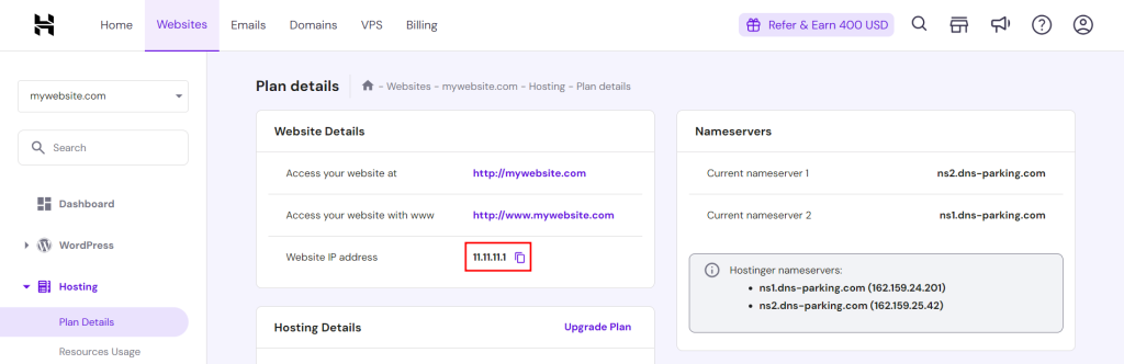 The Plan Details panel under the Hosting section with website IP address highlighted