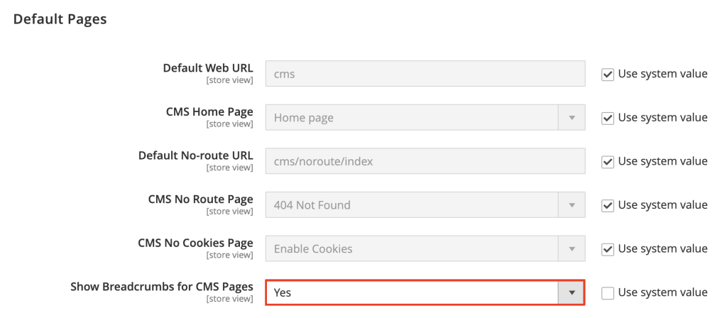 The Show Breadcrumbs for CMS Pages option in Magento
