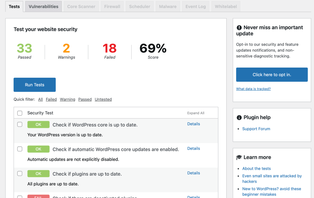 Sucuri WordPress plugin dashboard showing security test results: 33 passed, 2 warnings, 18 failed, with a 69% overall score.