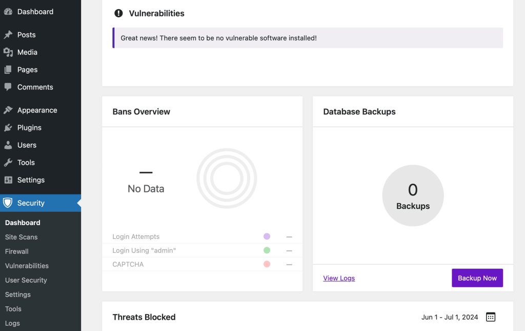 Dashboard of Better WP Security plugin showing no vulnerabilities, no bans data, 0 database backups, and threats blocked.