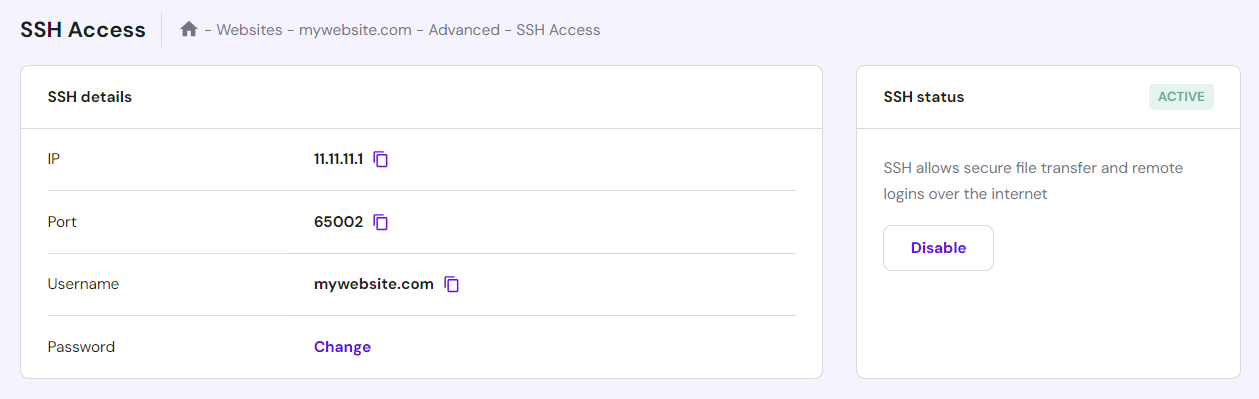 SSH Access section in Hostinger's hPanel, showing the SSH status is active