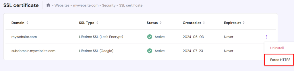 The SSL menu on hPanel with the Force HTTPS option highlighted