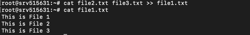 Terminal window showing the output of the cat command to append the contents of the multiple source files to an existing file