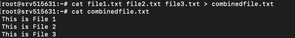 Terminal window showing the output of the cat command to combine multiple files and redirect the output to a new file