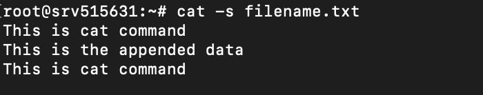 Terminal window showing the output of the cat -s filename.txt command to suppress repeated empty lines