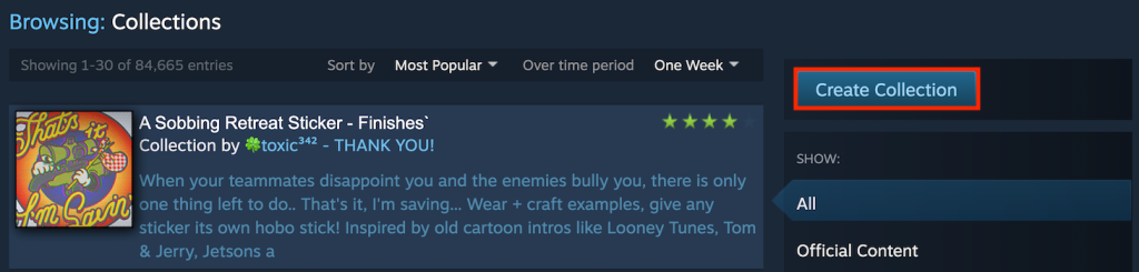 The Create Collection button on Steam workshop