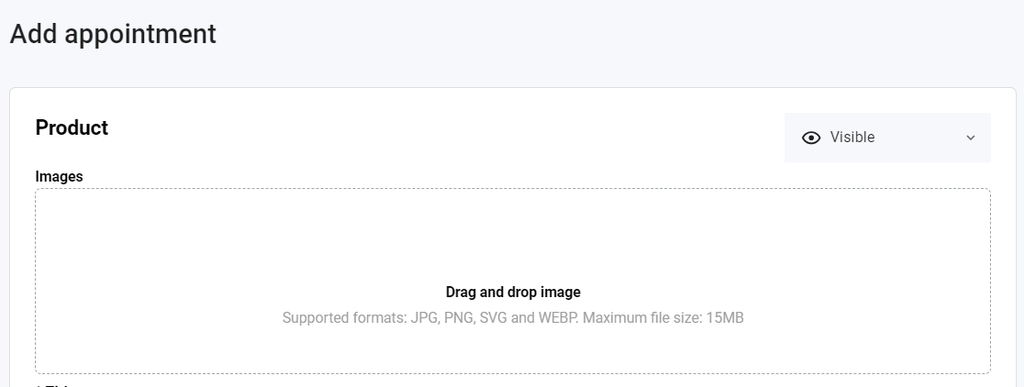 Add appointment screen, close up of product image upload section