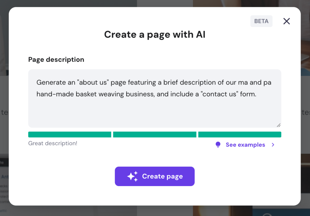 The "create a page with AI" window in the Website Builder