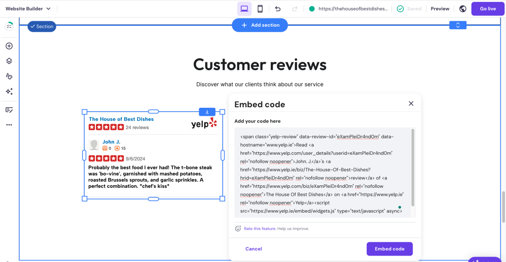 An example of embedding a Yelp customer review in the Hostinger Website Builder