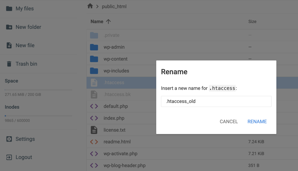 The Rename option in hPanel's File Manager