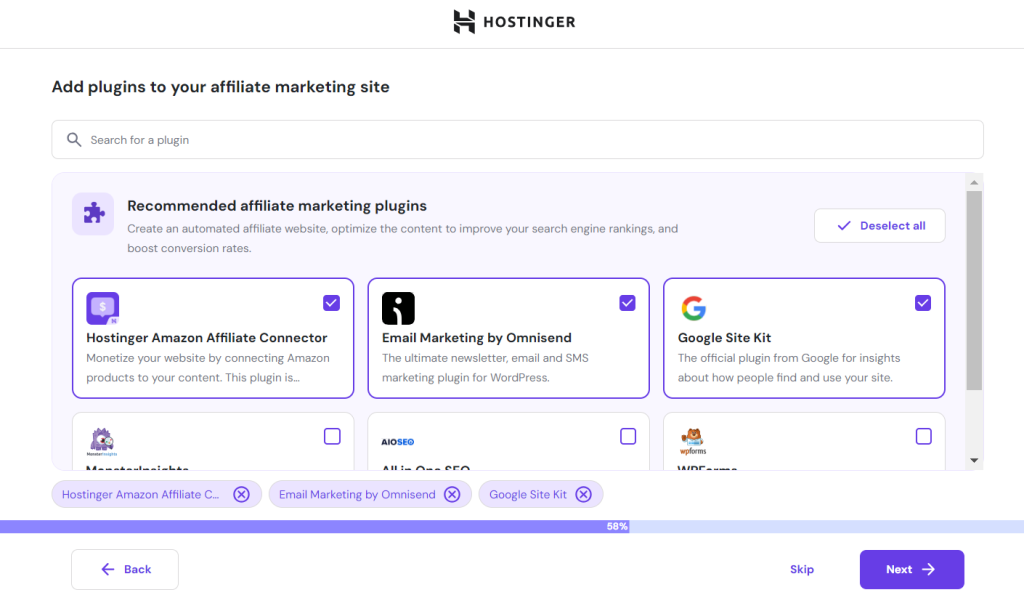 The WordPress plugin pre-selection display on Hostinger's managed WordPress hosting onboarding