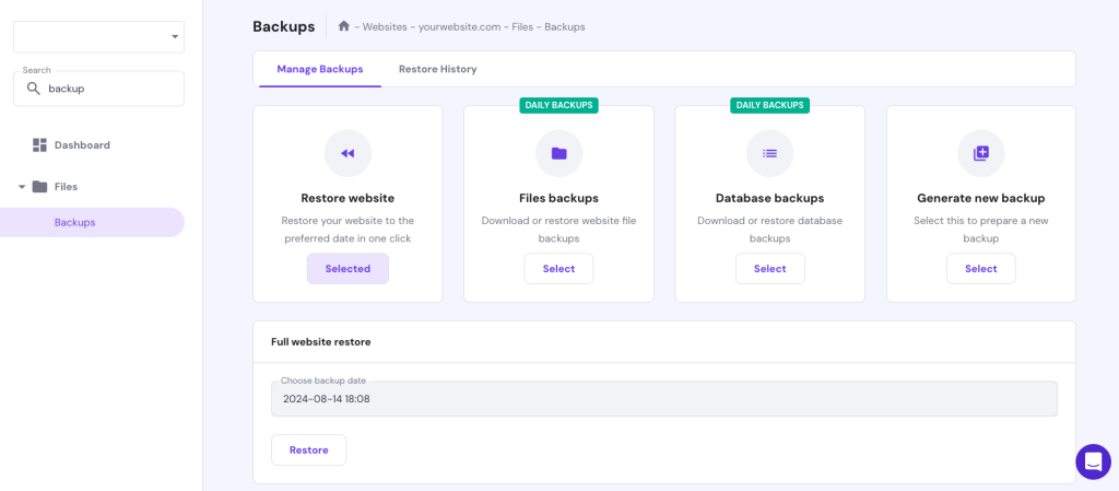 Hostinger backups tools in hPanel