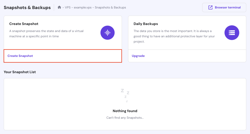 The Create Snapshot button in hPanel's VPS