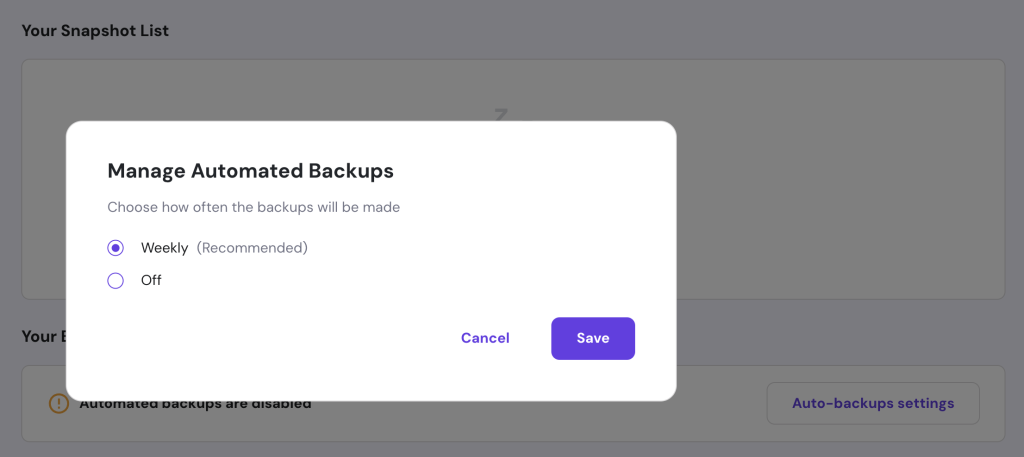 The Manage Automated Backups option in hPanel's VPS