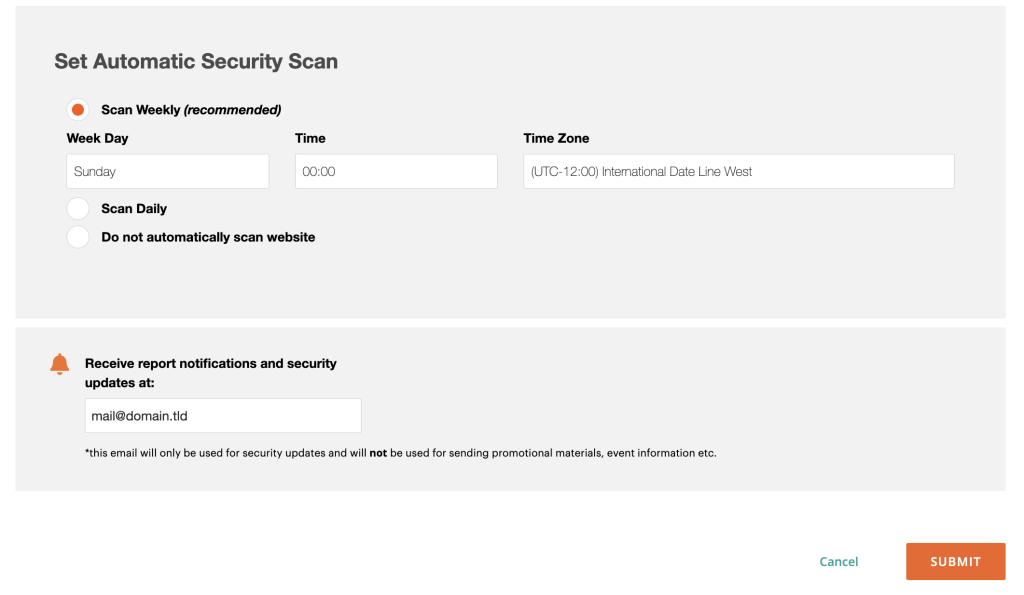 The Set Automatic Security Scan options in Magento Security Scan