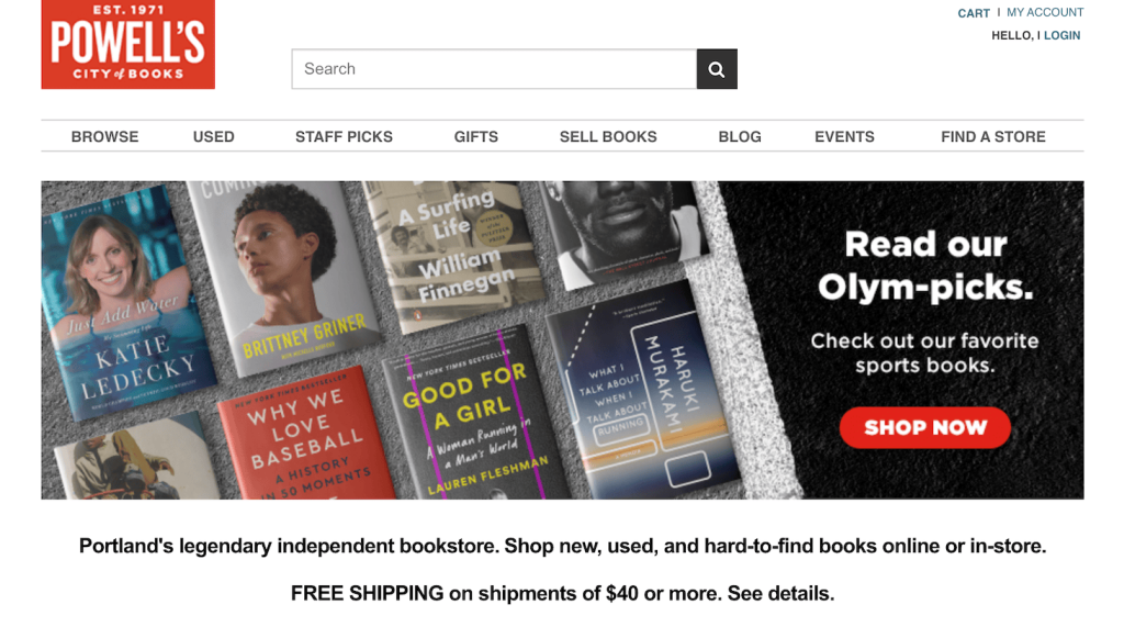 Homepage of Powell's Books, an independent bookstore