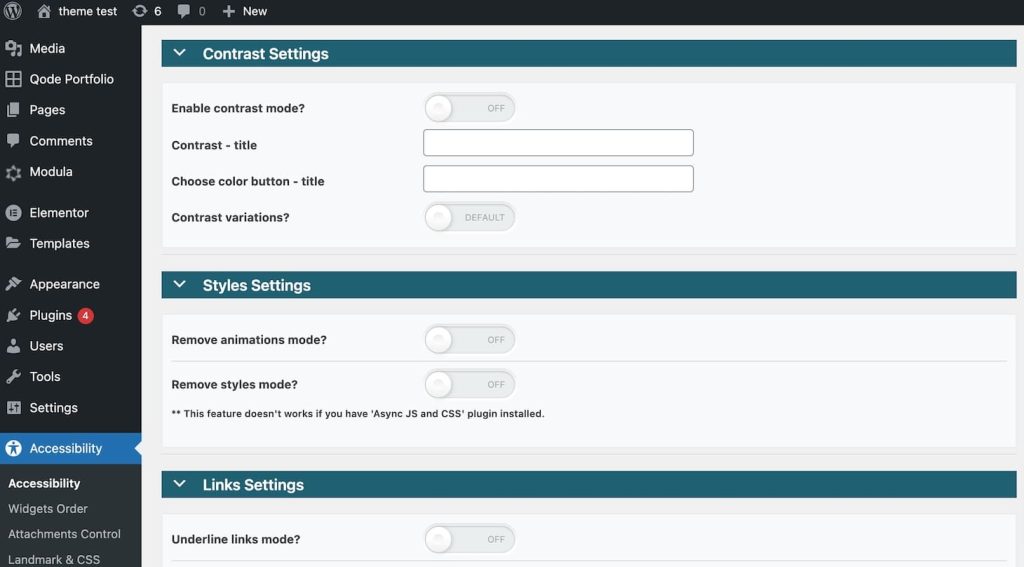 WAH accessibility features settings