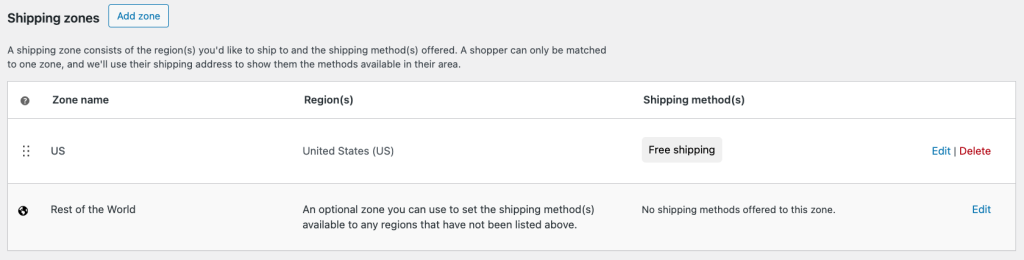 Shipping zones section in WooCommerce