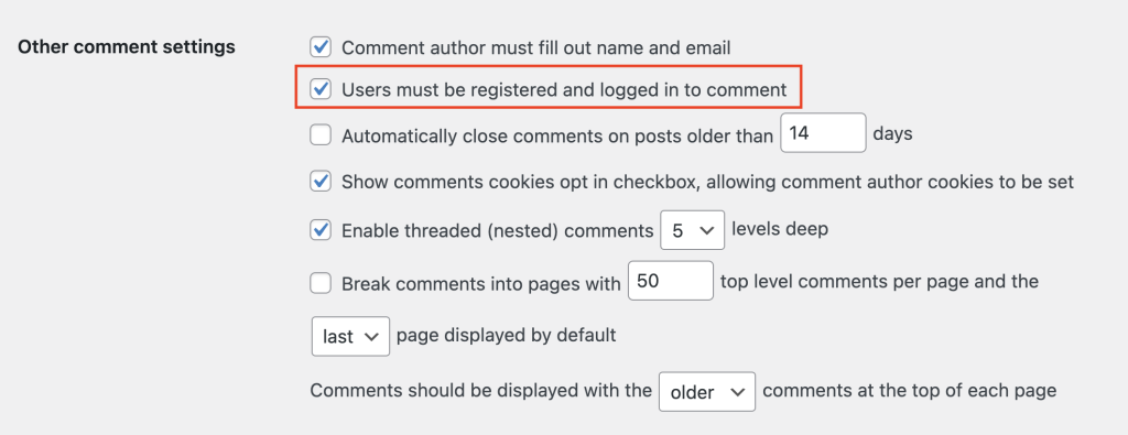 WordPress comment settings, highlighting the option to allow comments from registered users only