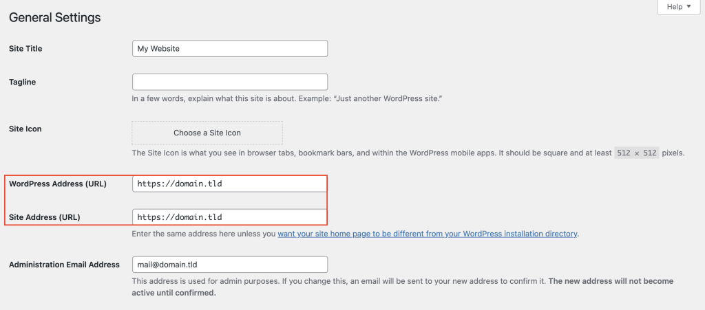 The WordPress Address (URL) and Site Address (URL) fields in WordPress's General Settings page