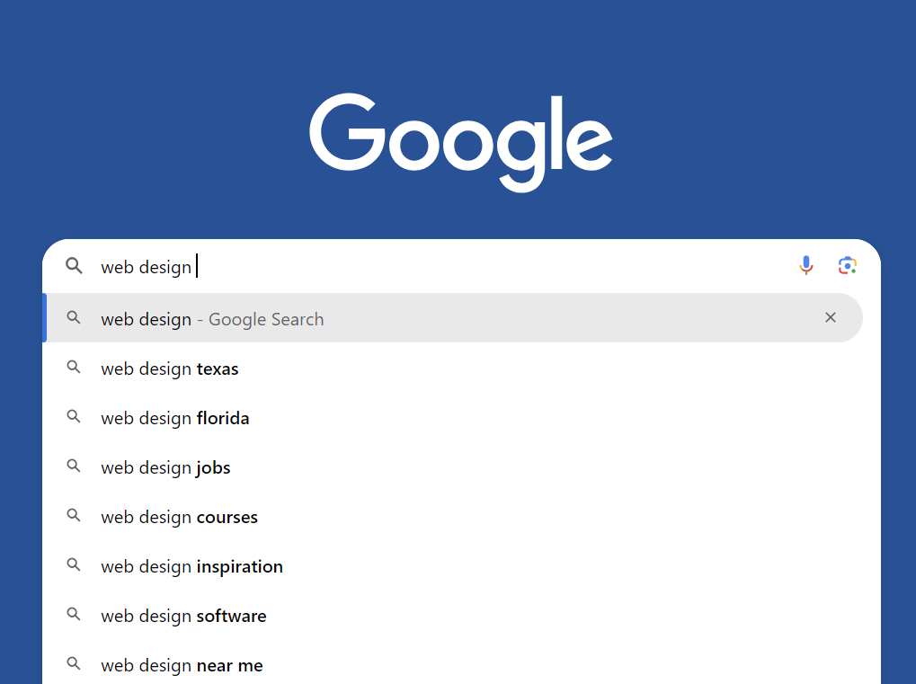 Google autocomplete predictions for the web design keyword