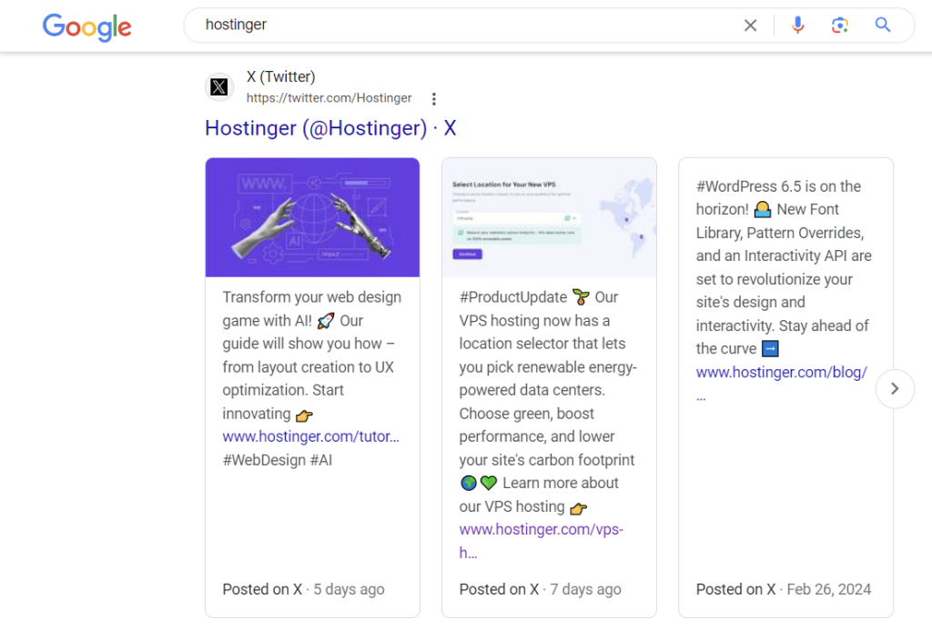 Hostinger X posts showed on SERPs